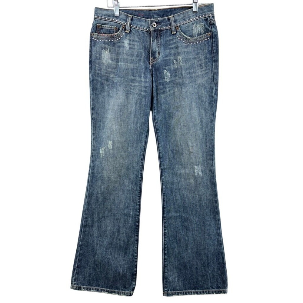 X2 Denim‎ Laboratory Jeans Womens Sz 8 Flare Blue Studded Distressed Y2K Boho